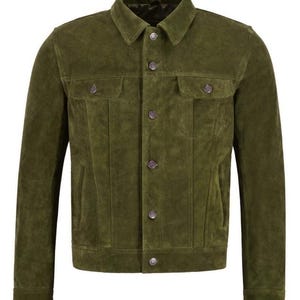 Handmade Green Suede Trucker Jacket for Men | 100% Genuine Suede Leather | Premium Durable Stylish Men’s Outerwear