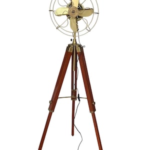 Pedestal Fan Teak Wood Tripod Floor Fan Nautical  Adjustable Height|Industrial Standing Fan Coastal Home Decor for Living Room,Kitchen Gift