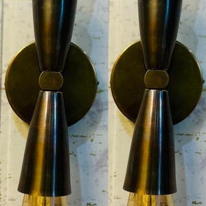 Pair of Brown Double Cone Wall Sconce | Mid-Century Modern Vanity Light | Retro Bathroom, Bedroom, Hallway Lamp | 12&quot; Wall Fixture |