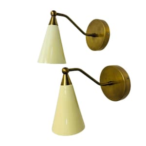 Pair of Mid Century Modern White and Brass Wall Sconces – Handmade Vanity Light Fixture for Bathroom, Kitchen, Living Room | Italian Indoor