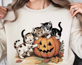 Vintage 90s Cat Halloween Sweatshirt: Retro Spooky Season Pumpkin Tee