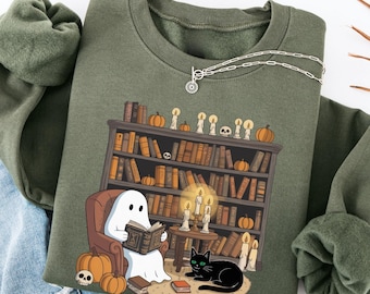 Retro Ghost Reading Books Sweatshirt, Halloween Librarian Teacher Gift