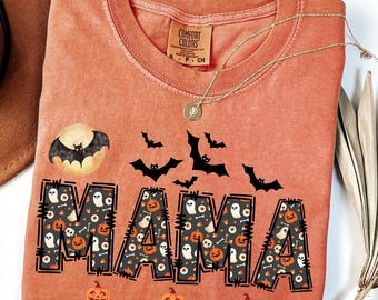 Custom Halloween Mama Comfort Colors® Shirt, Mom Halloween Shirt,Spooky Mama Shirt,Personalized Mama Halloween,Cute Ghost Shirt, Ghost Shirt