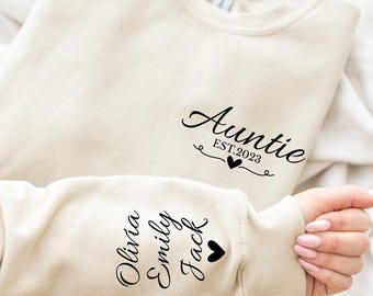 Sudadera personalizada para tía: nombres personalizados para sobrinos y sobrinas, revelación de embarazo