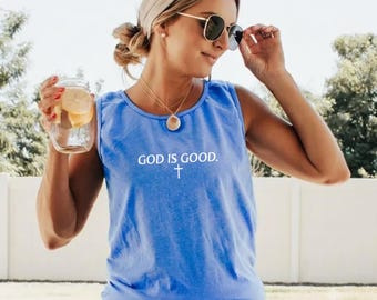 Camiseta sin mangas cristiana "Dios es bueno" con colores cómodos, camiseta de moda, regalo minimalista, camiseta sin mangas de fe, camisetas sin mangas para grupos de iglesia, camiseta con versículo bíblico de Jesús y cruz.