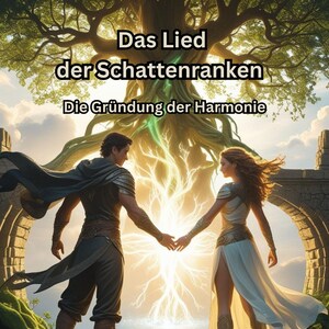 May include: Digital artwork showing a man and woman reaching for each other, with a bright light in between. The image includes German text: "Das Lied der Schattenranken", "Die Gründung der Harmonie", and "Die Vorgeschichte". A large tree and stone structure form the backdrop.