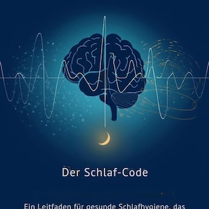 Könnte beinhalten: E-Book-Cover mit blauem Hintergrund, einer Gehirnillustration und einem Halbmond. Der Titel "Der Schlaf-Code" wird zusammen mit Text auf Deutsch angezeigt, der Schlafhygiene und das Verständnis von Schlafzyklen beschreibt.