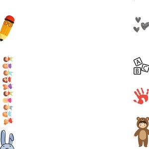 May include: A whimsical illustration with a white background, featuring a yellow sun, blue clouds, and a smiling pencil. A line of children holding hands, a red handprint, and a bunny are also present. The design includes ABC blocks and flowers.