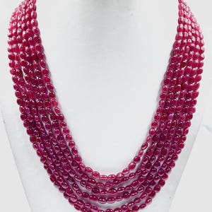 Heated Ruby Oval Bead Necklace: Red Pink Maniya Gemstone, 18 Inch