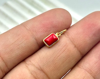 Pingente de coral vermelho, pingente retangular de pedra preciosa, pingente de cristal pequeno com moldura de ouro 14K, joia com pedra curativa para presente feminino
