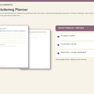 Op de afbeelding: Een digitale opruimplanner met twee witte pagina's met een beslissingstabel. De tekst bevat SIMPLELIVINGKITS, Decluttering Planner, 37 USEFUL PAGES, US LETTER + A4 PDF en PRACTICAL + CLEAR + REUSABLE op een lichte achtergrond.