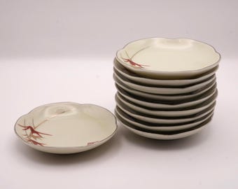 Vintage Japanese Porcelain Small Plates Set of 10 – Hand-Painted Bamboo Design with Red Seal, Traditional Tableware