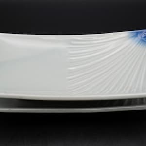May include: Two rectangular, white ceramic plates. One plate is stacked on top of the other. The top plate has a textured, fan-like design on the right side and a blue accent in the corner.
