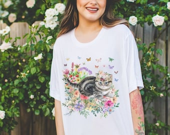 Kitten T-Shirt with Butterflies | Cute Kitten Shirt, Gift for Cat Lover, Cat Laying in Flowers, Gift for Cat Moms, Fun Kitten Gift Idea