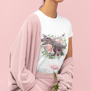 Womens Dinosaur Shirt with Flowers and Butterflies: Kitschy and Girly Dinosaur Gift for Her, Cottagecore Floral T-Rex Tee for Birthday Party