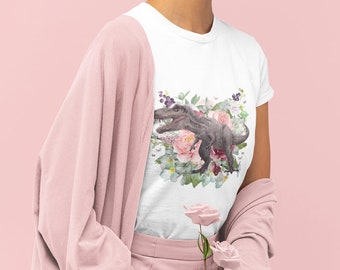 Womens Dinosaur Shirt with Flowers and Butterflies: Kitschy and Girly Dinosaur Gift for Her, Cottagecore Floral T-Rex Tee for Birthday Party