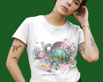 Floral Dinosaur T-Shirt: Cute and Colorful Brachiosaurus Tee Shirt for Dinosaur Lovers, Dinosaur Gift, Floral Dino Shirt, Over the Top T