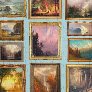 Pode incluir: Um quebra-cabeça azul claro com nove pinturas de paisagens emolduradas de Albert Bierstadt. As pinturas retratam várias cenas, incluindo montanhas, cachoeiras e florestas. As peças do quebra-cabeça são visíveis, e o texto "Albert Bierstadt" está impresso no canto superior direito.