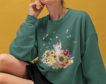 Cat Sweatshirt for Fall: 90&#39;s Throwback Shirt | Gift for Cat Mom, Funny Cat Sweatshirt, Nostalgic Sweatshirt of Cat, Kitten with Butterflies