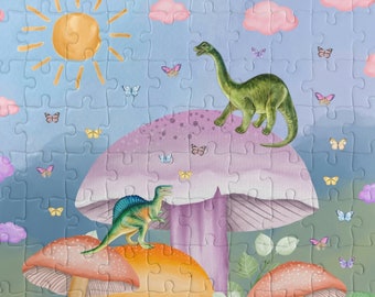 Funny Dinosaur Puzzle with Mushrooms: Creative Butterfly Puzzle for Adults with 70s Vibe, Difficult and Colorful Puzzle for Puzzle Lover