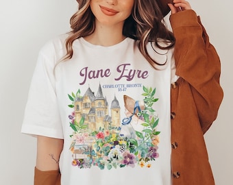 Bookish Classic Literature Tee Shirt for Librarian: Jane Eyre by Charlotte Bronte | Floral Cottagecore Style Shirt for Book Lover or Teacher