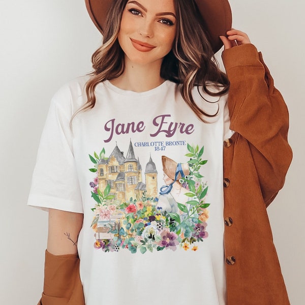 Bookish Classic Literature Tee Shirt for Librarian: Jane Eyre by Charlotte Bronte | Floral Cottagecore Style Shirt for Book Lover or Teacher