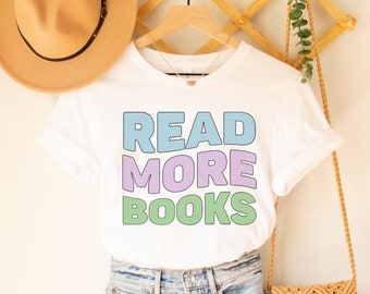 Bookish Gift Tee with Retro Vibe: Read More Books | Cute Vintage Aesthetic Tee with Blue Text, School Librarian T-Shirt, Elementary Teacher
