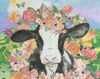 Funny Floral Cow Puzzle for Friend Who Loves Cows and Puzzles | Puzzle for Adults with Cows and Flowers, Cottagecore Gift Idea for Her