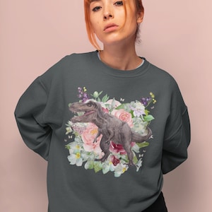 Dinosaur Sweatshirt with Flowers | Boho Floral Design with T-Rex, Cute Dinosaur Gift, Dinosaur with Butterflies, T-Rex Sweatshirt, TRex Gift