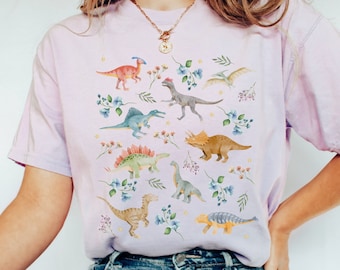 Boho Style Floral Dinosaur Shirt in Comfort Colors® | Shirt for Dinosaur Lovers of All Ages, Vintage Botanical Details, Cottagecore Gift