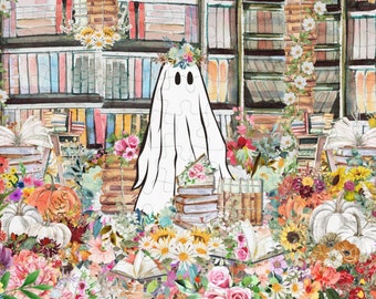 Halloween Ghost Puzzle in Library: Adorable Floral Ghost Surrounded by Books and Flowers | Fall Puzzle, Difficult Spooky Puzzle For Adults