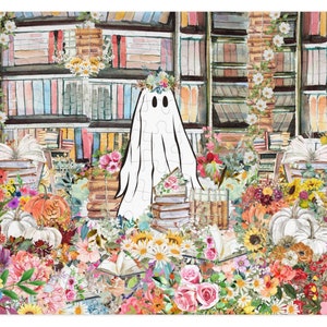 Halloween-spökpussel i biblioteket: Bedårande blommigt spöke omgivet av böcker och blommor | Höstpussel, svårt läskigt pussel för vuxna