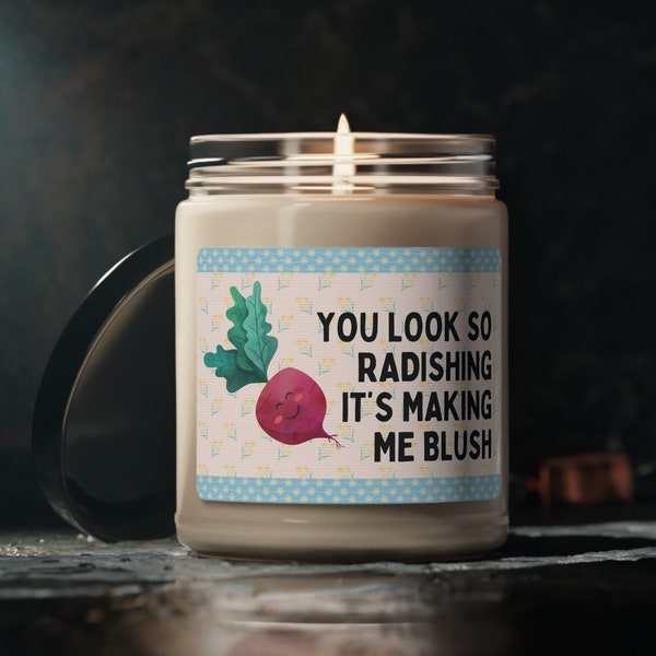Silly Valentines Gift: 9 Oz Soy Candle with Funny Vegetable Pun | You Look So Radishing It's Making Me Blush, Funny Valentines Gift for Her
