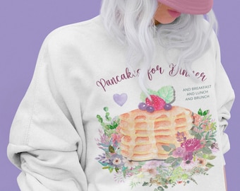 Pancakes Sweatshirt: Sweat-shirt brunch mignon avec crêpes et fleurs | Crêpes pour le dîner, sweat-shirt brunch coloré, cadeau de crêpes