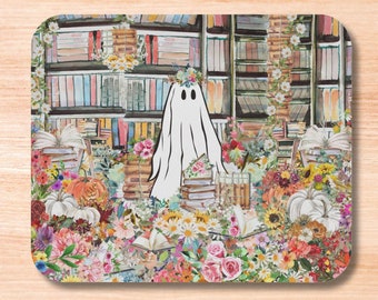 Cute Floral Mousepad with Flowers: Ghost in Overgrown Flower Library | Spooky Ghost Mousepad for Book Lover, Bookish Gift for Ghost Lover