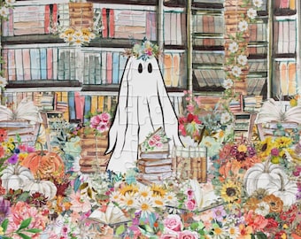 Bookish Halloween Puzzle in Library: Adorable Floral Ghost Surrounded by Books and Flowers | Fall Puzzle, Difficult Spooky Puzzle For Adults