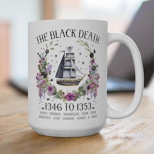 Boho Geschichte schwarzer Tod Kaffeetasse für Geschichtslehrer, Freund, der mittelalterliche Geschichte liebt, Cottagecore Ratte Tasse mit Blumen, Geschichte Major