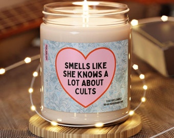 Funny History Lover Gift for Historian: Smells Like She Knows A Lot About Cults, 9 Oz Candle, Silly Whimsigoth Decor, Social Studies Gift