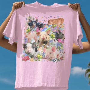 Dreamcore Mini Pig T-Shirt with Flowers, Animal Lover Rainbow Floral Tee for Butterfly Lover, Funny Goblincore 90s Aesthetic Pig Tee Shirt
