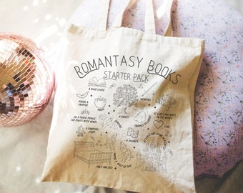 Pomysł na prezent dla miłośnika książek: śliczna torba Romtansy dla czytelnika romansów fantasy | Pakiet startowy książek Romantasy, estetyczny prezent dla mola książkowego w stylu boho