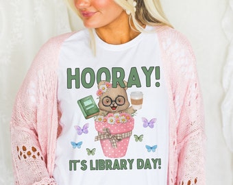 Book Lover Tee Shirt with Cute Cottagecore Bear and Boho Butterflies: Hooray! It's Library Day! | Sweet Whimsigoth T-Shirt for Librarian