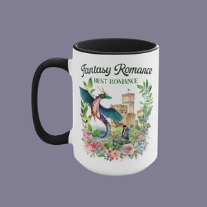 Bookish Gift Idea for Fanstasy Romance Book Lover: 15 Oz Coffee Mug | Best Romance Writer Gift, Floral Coffee Mug with Dragon and Castle