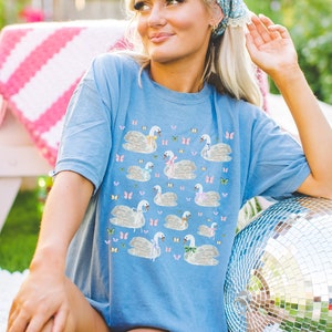 Cottagecore Swan Tee Shirt with 90s Retro Indie Sleaze Aesthetic | Colorful and Kitschy Coquette Tee for Her, Whimsigoth Animal Lover Gift