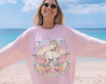Funny and Whimsical Unicorn Sweatshirt Inspired by 90s Animal Tees | Ridiculous and Cozy Cute Floral Gift, Unicorn Lover or Fantasy Reader