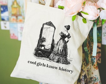Divertida bolsa de mano con texto en inglés "Historia de una mujer" para una amiga que ama la historia: las chicas geniales saben historia, regalo de estudios sociales para estudiantes de historia, regalo de graduación