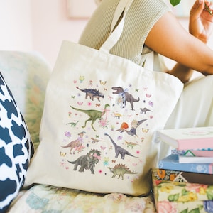 Cottagecore Dinosaur Tote Bag with 90s Retro Indie Sleaze Vibes, Colorful Grandma Aesthetic  Tote Bag with Cute Coquette Bows and Flowers