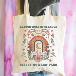 Boho Celestial History Tote Bag for History Lover: Henry the VIII's Wives | Cute Tudor History Tote Bag for British History Major or Teacher