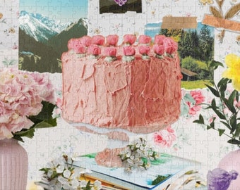 Nineties Throwback Indie Sleaze Puzzle for Adults: Pink Cake en Tijdschriften | Leuke Grunge esthetische puzzel, kleurrijke maximalist stijl cadeau