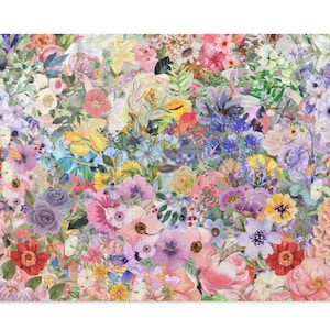 Puede incluir: Un patrón floral colorido con una variedad de flores en tonos de rosa, morado, amarillo y azul. Las flores están dispuestas en un patrón aleatorio y crean un diseño vibrante y alegre.