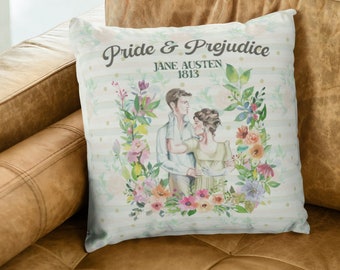 Pride and Prejudice Gift: Cottagecore Jane Austen Pillow for Romance Reader or Book Lover, Whimsical Classic Literature Pillow with Flowers